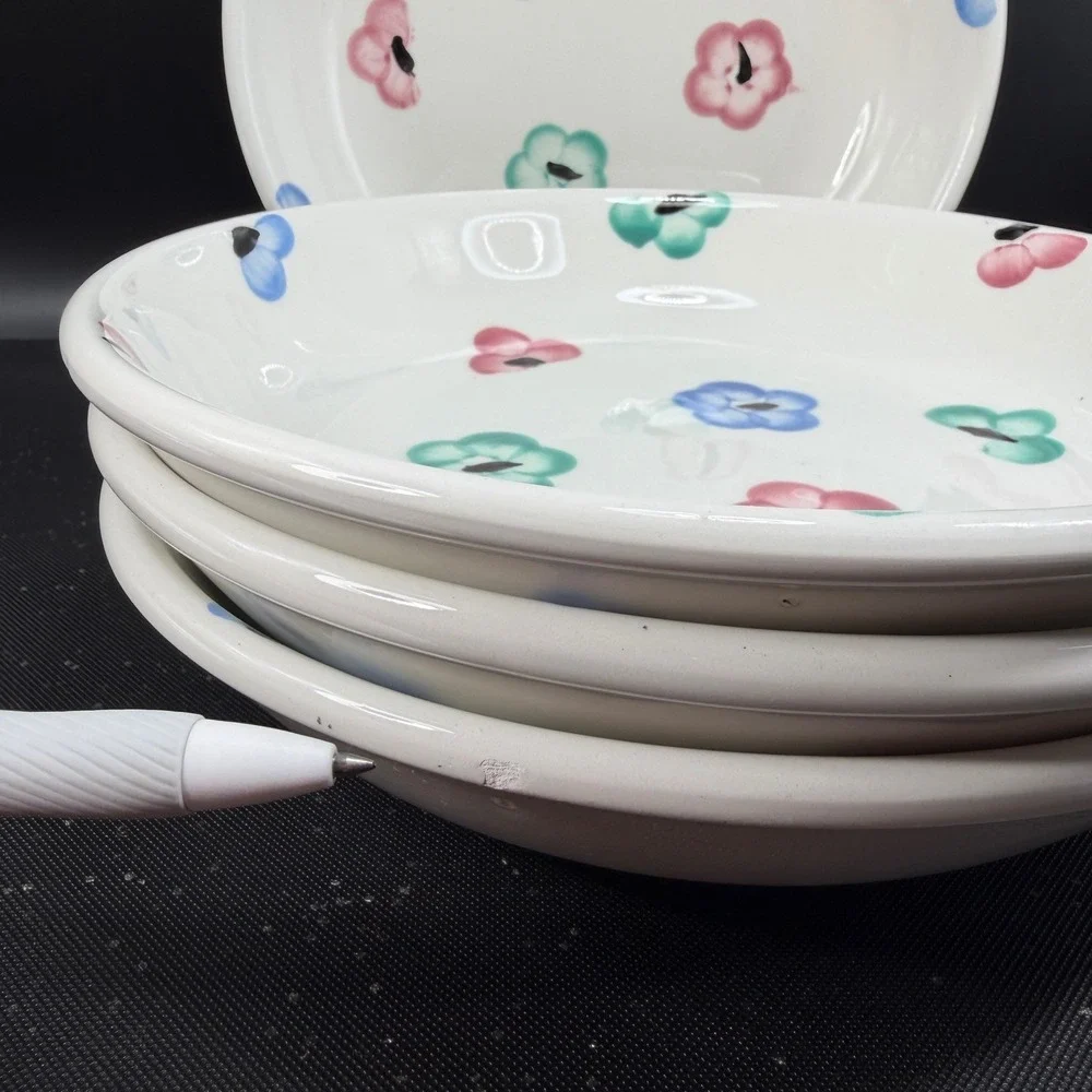 Pier 1 Imports Hand Painted Italy Floral Pasta Bowls Set of 4 White Blue Pink